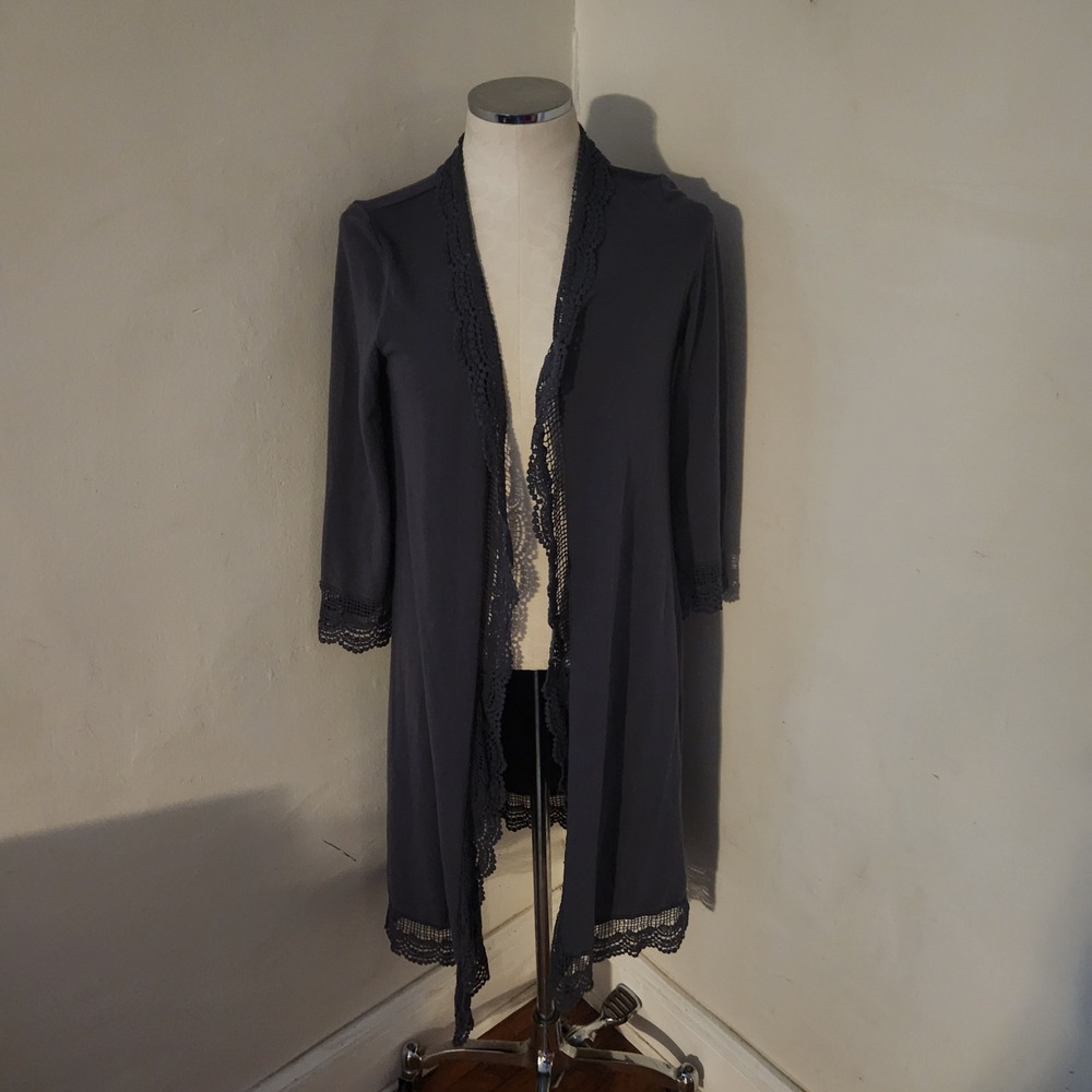 Tickled Teal Lace‎ Trim Duster Cardigan Gray Women's Size M